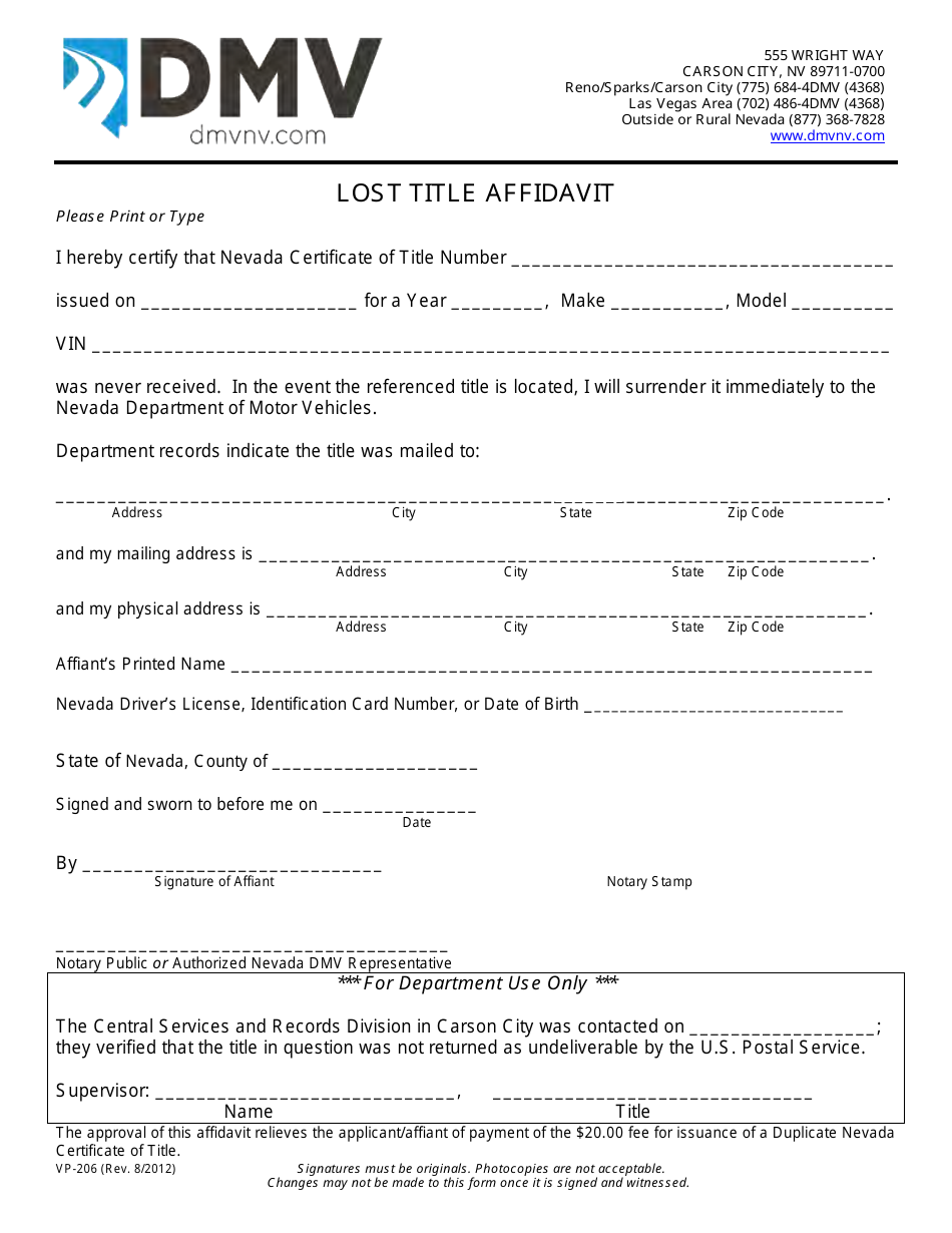 Form VP-206 Lost Title Affidavit - Nevada, Page 1