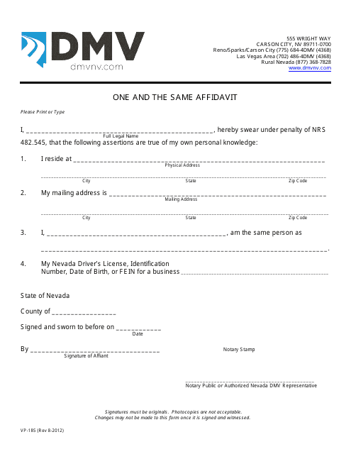 Form VP-185  Printable Pdf