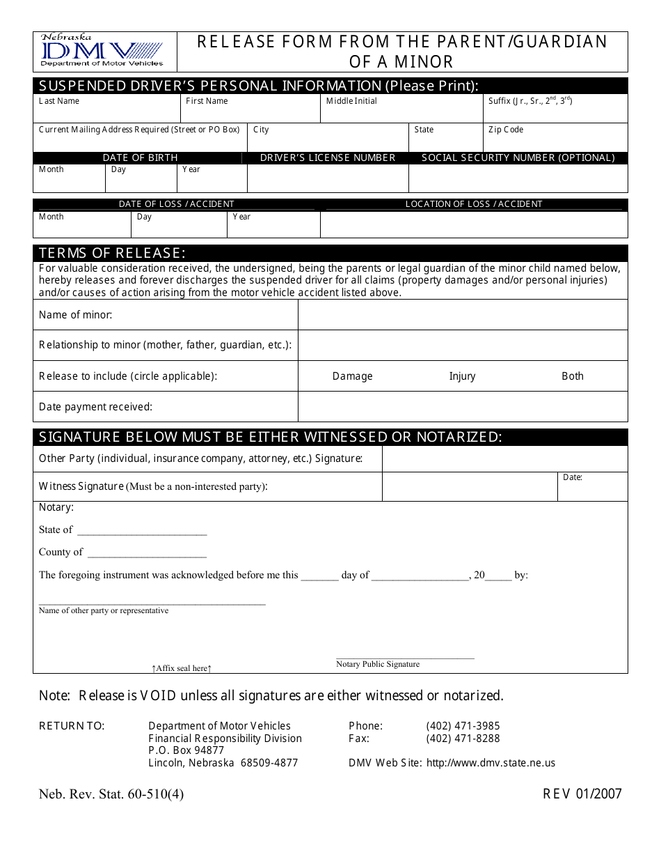 Release Form From the Parent / Guardian of a Minor - Nebraska, Page 1