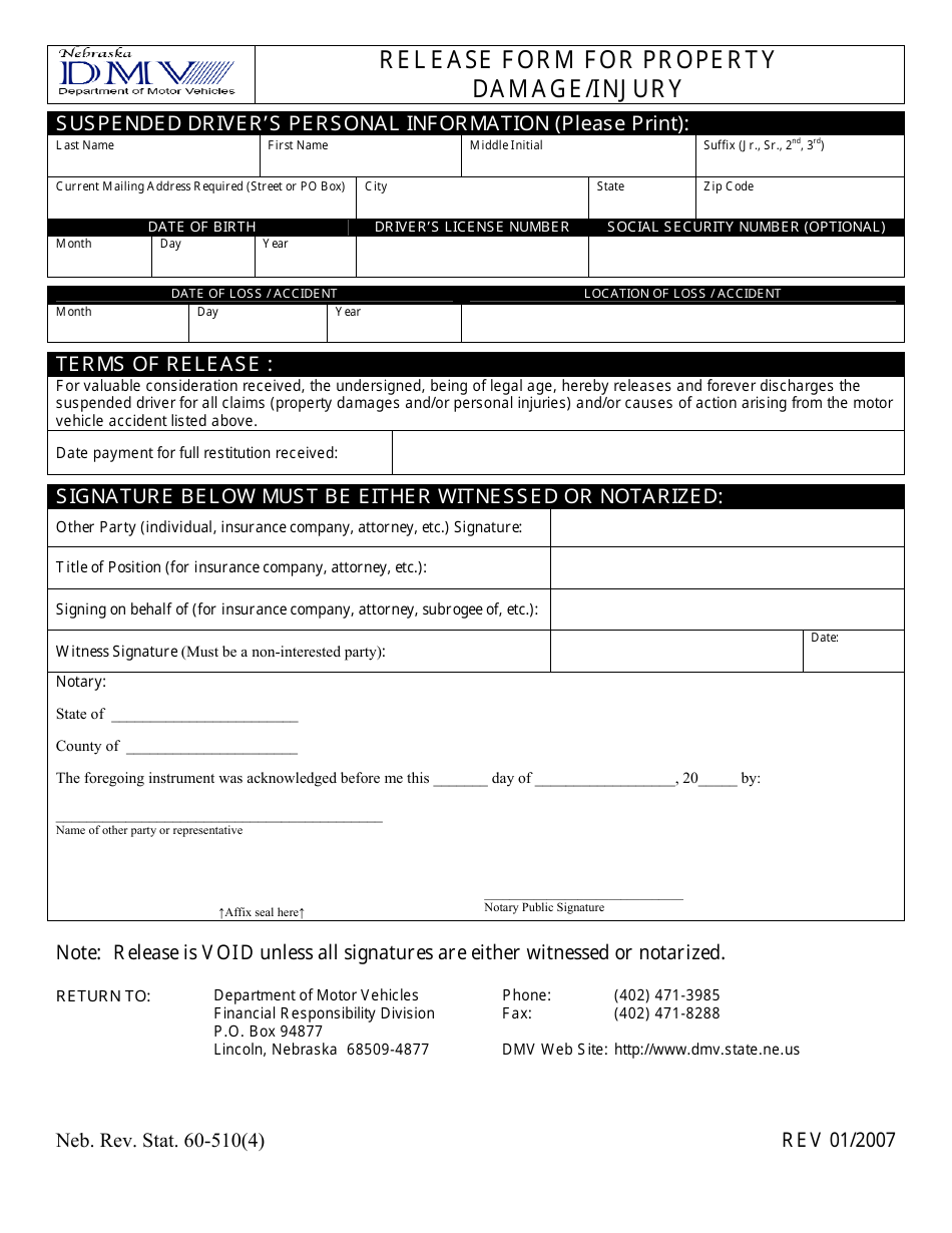Release Form for Property Damage / Injury - Nebraska, Page 1