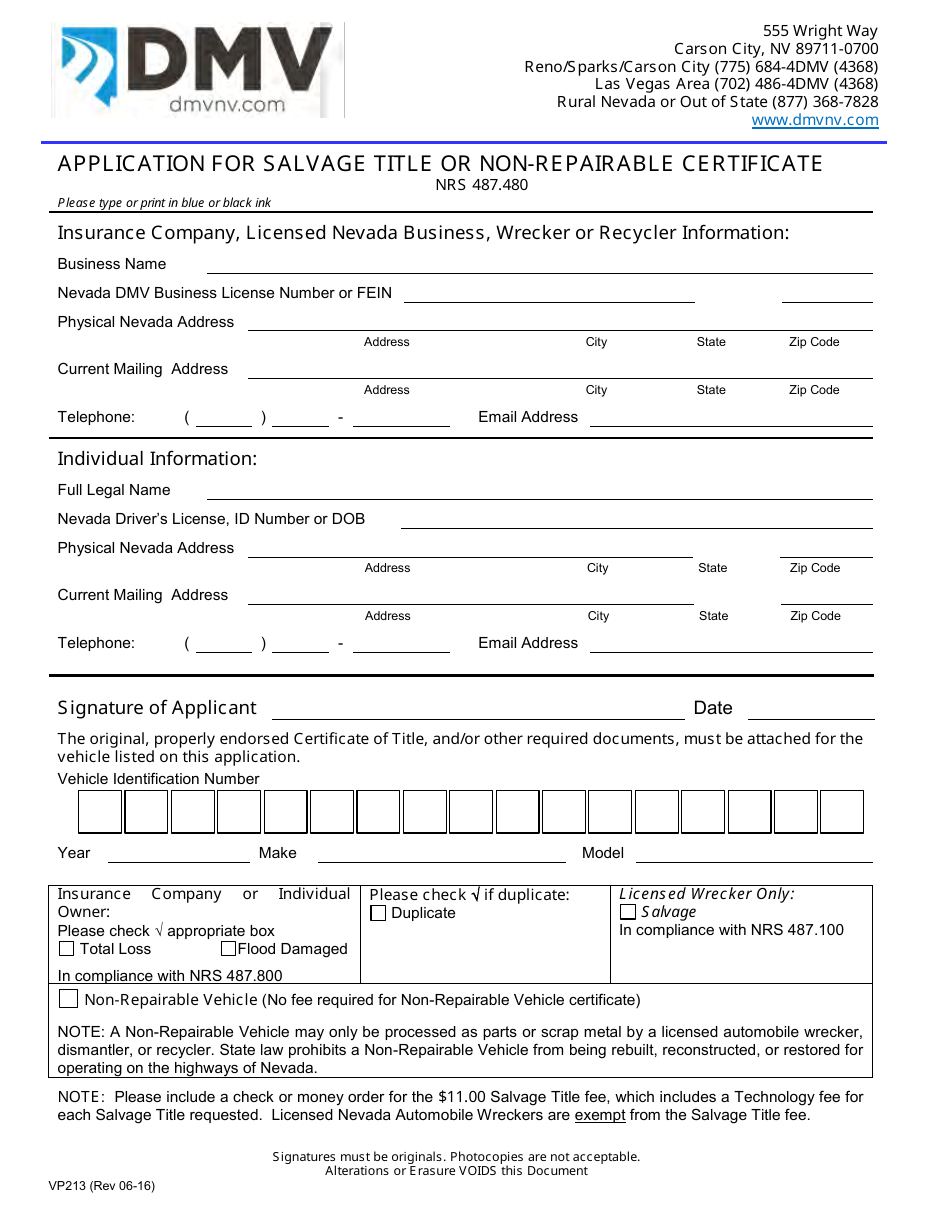 Form VP213 Application for Salvage Title or Non-repairable Certificate - Nevada, Page 1