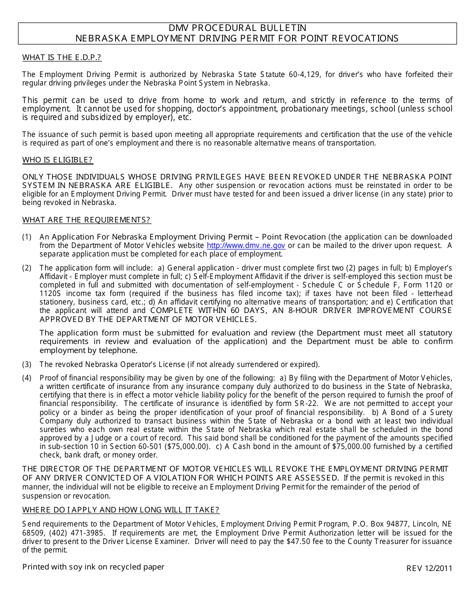 Application for Nebraska Employment Driving Permit - Point Revocation - Nebraska, Page 1