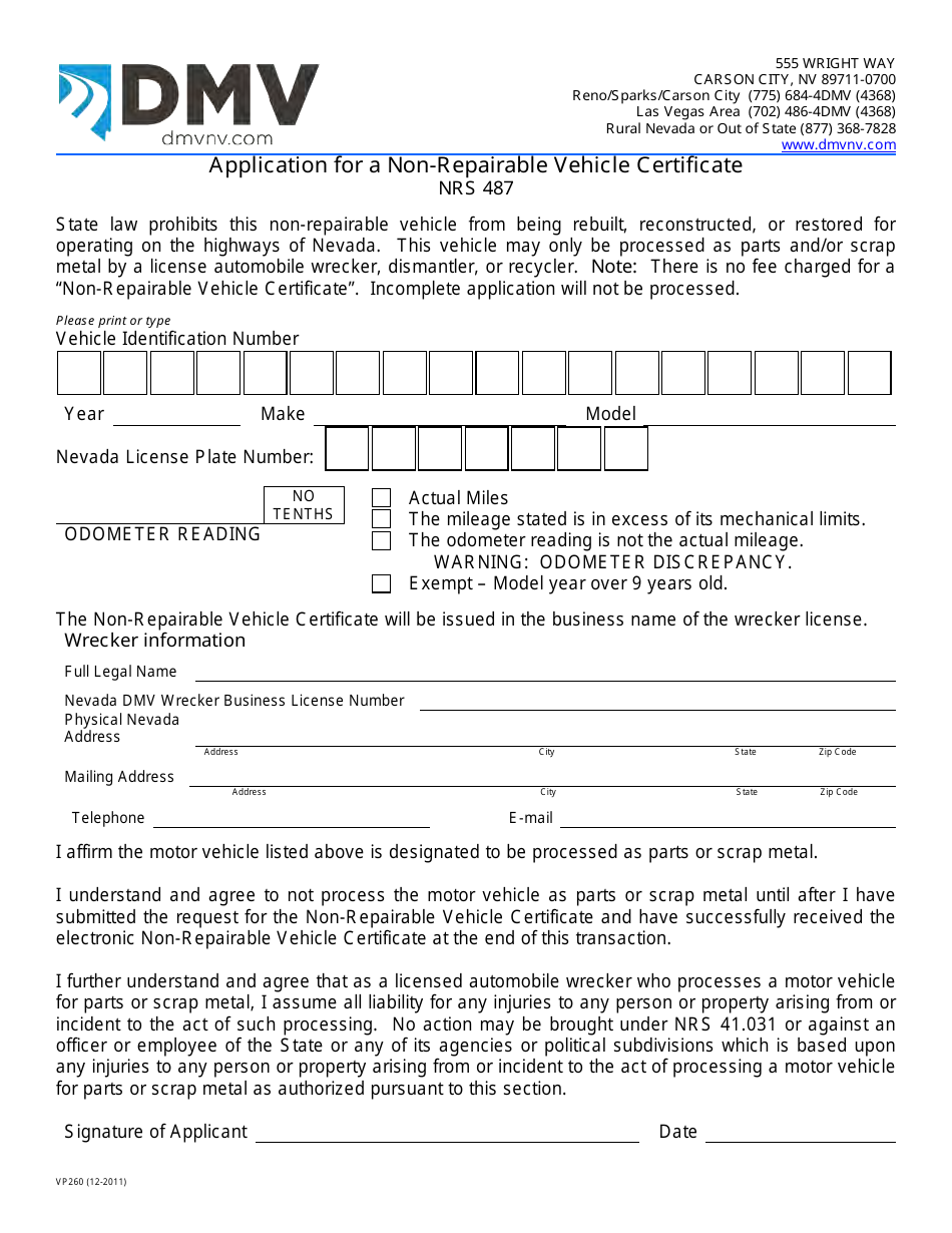 Form VP260 - Fill Out, Sign Online and Download Fillable PDF, Nevada ...