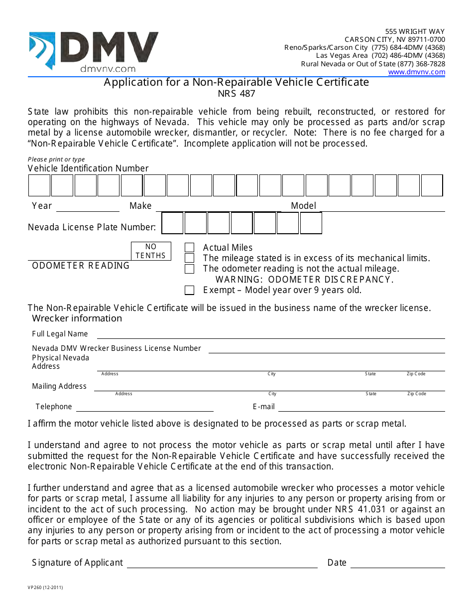 Form VP260 Application for a Non-repairable Vehicle Certificate - Nevada, Page 1