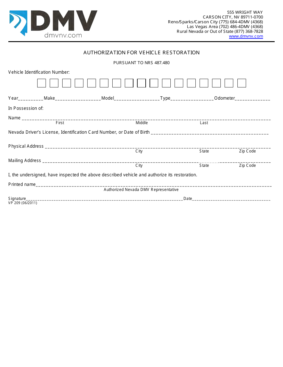 Form VP209 Authorization for Vehicle Restoration - Nevada, Page 1