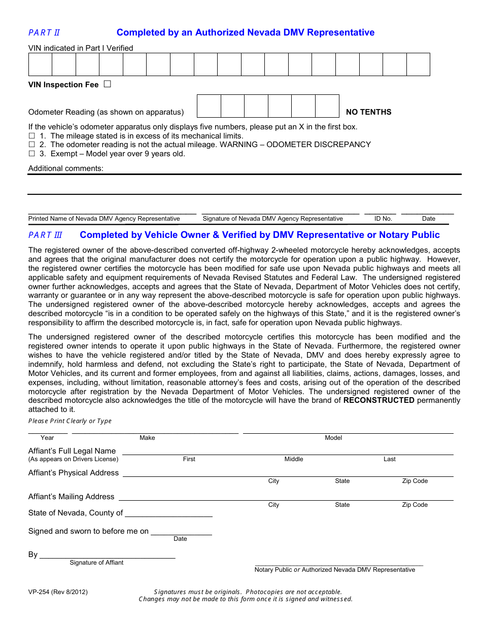 Form VP-254 Motorcycle Highway Use Affidavit - Nevada, Page 2