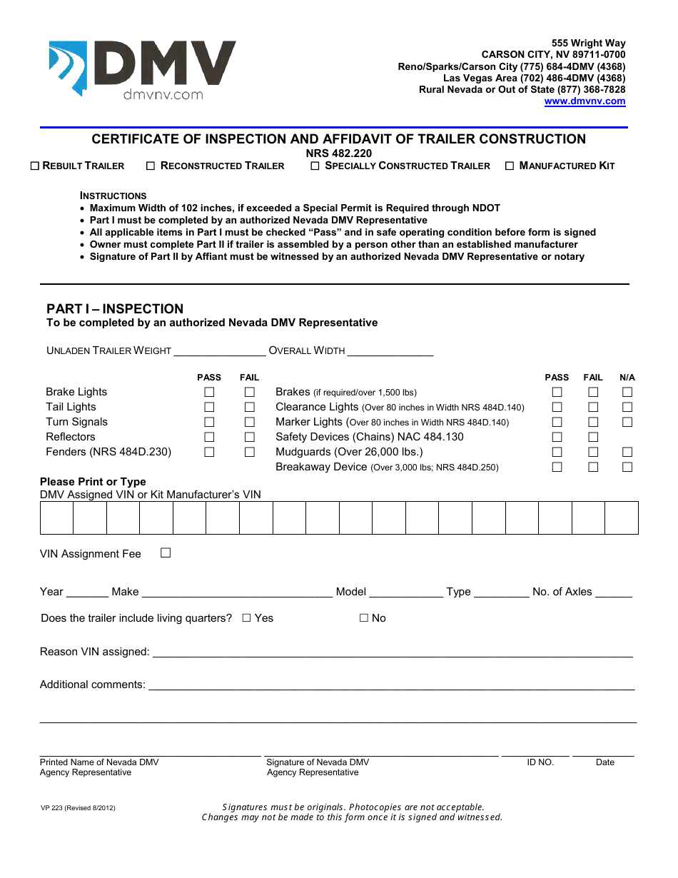 Form VP223 Fill Out, Sign Online and Download Printable PDF, Nevada