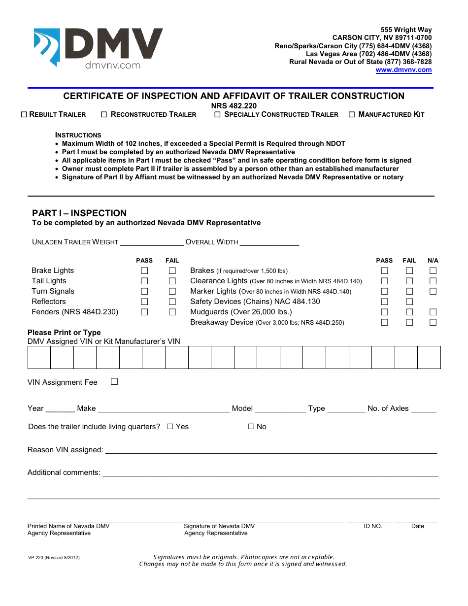 Form VP223 Certificate of Inspection / Affidavit of Construction - Trailers - Nevada, Page 1