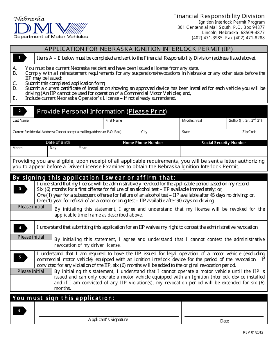 Application for Nebraska Ignition Interlock Permit (Iip) - Nebraska, Page 1