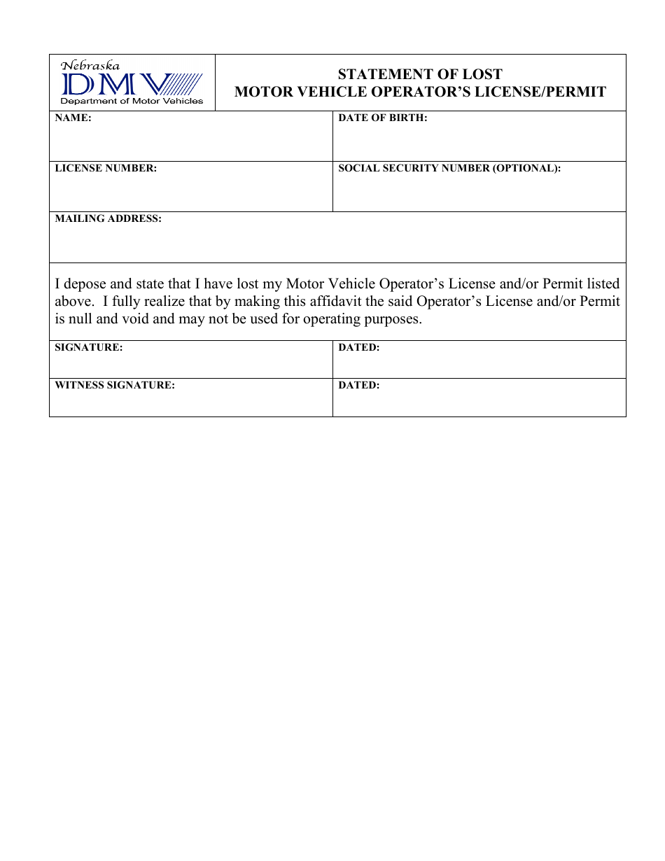 Statement of Lost Motor Vehicle Operators License / Permit - Nebraska, Page 1