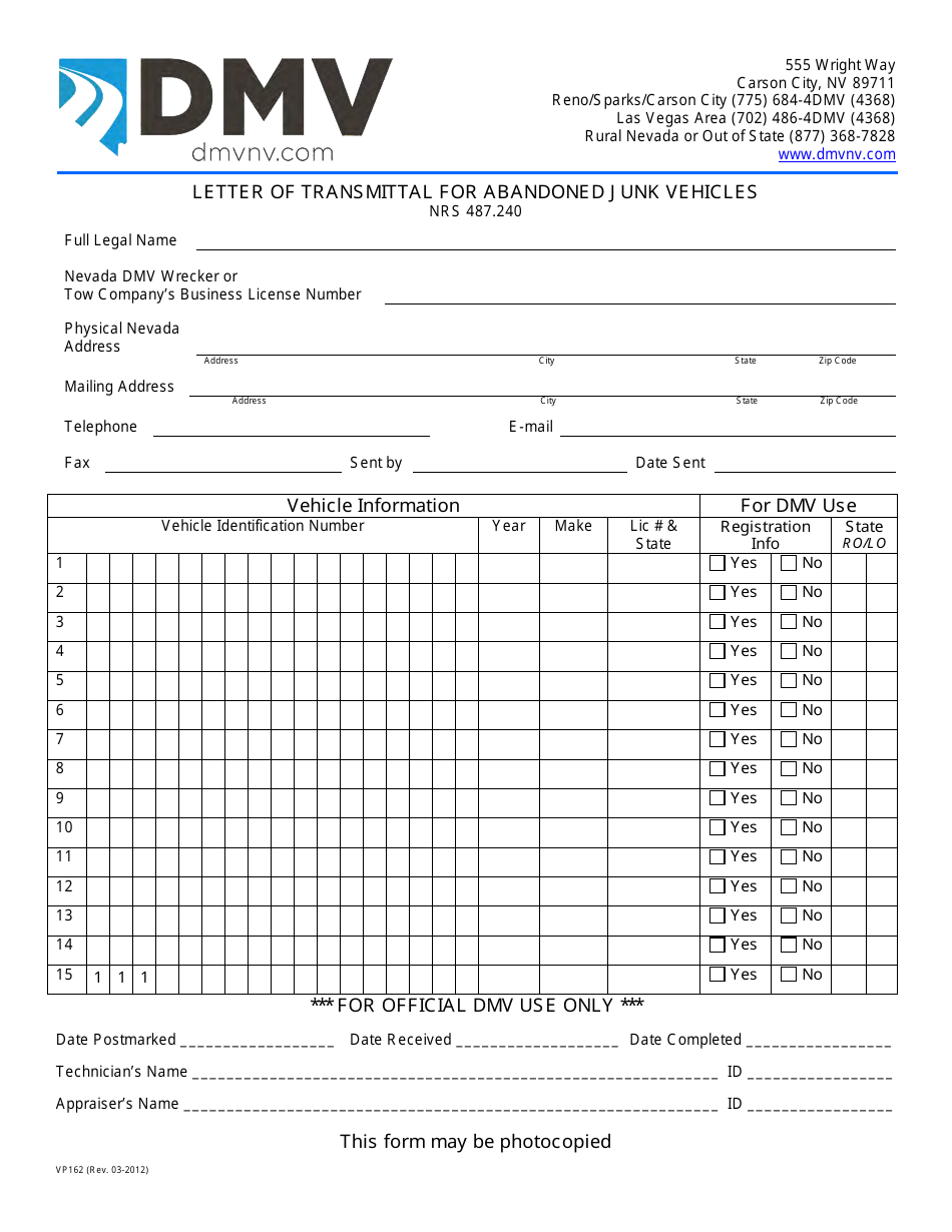 Form VP162 Letter of Transmittal for Abandoned Junk Vehicles - Nevada, Page 1
