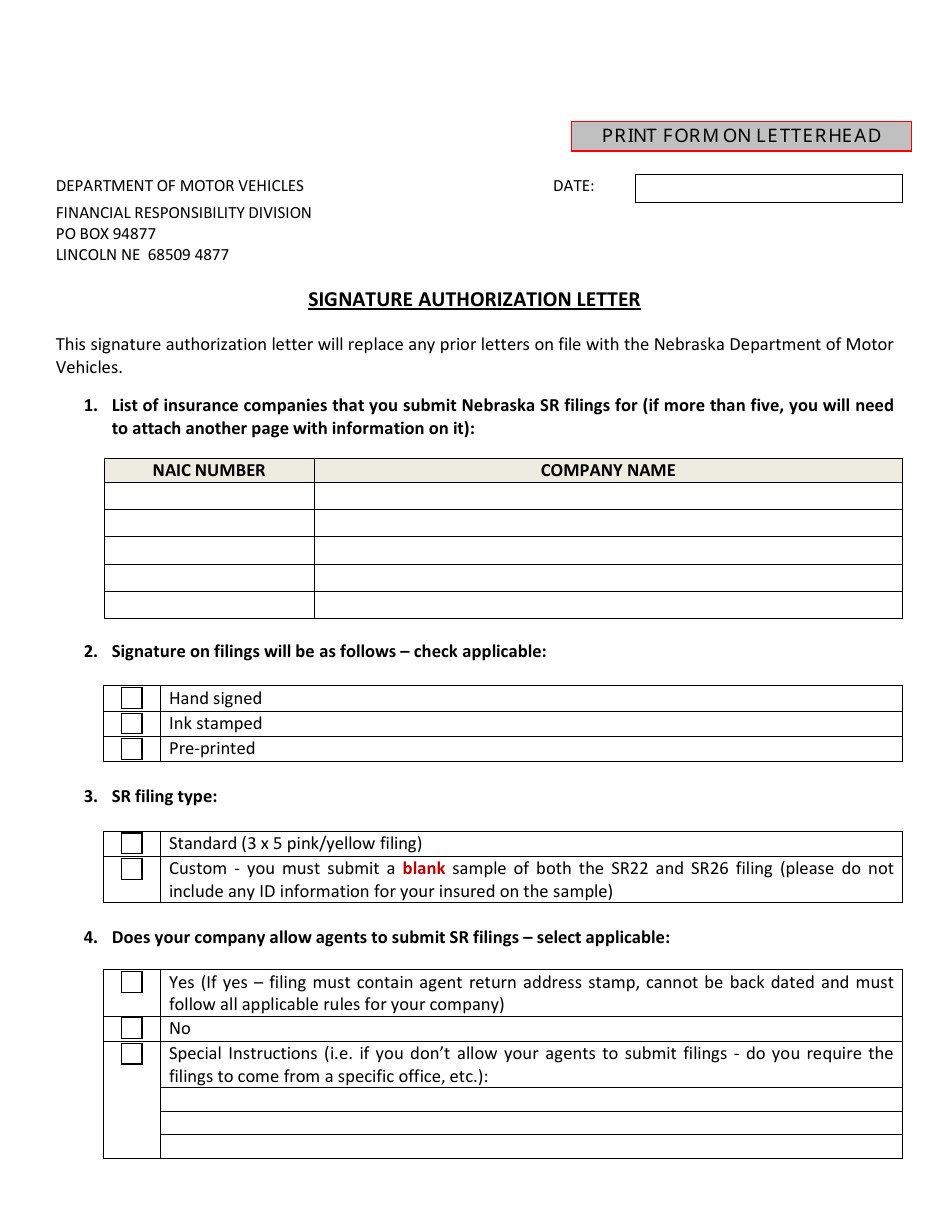 Signature Authorization Letter - Nebraska, Page 1