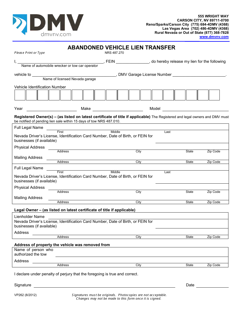 Form VP262 Abandoned Vehicle Lien Transfer - Nevada, Page 1