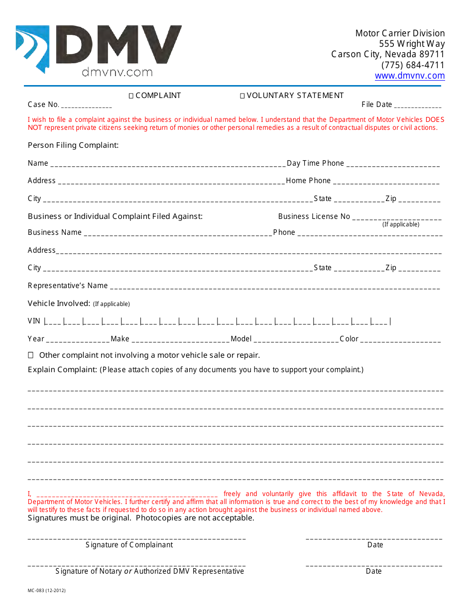 Form MC083 Fuel Dealer Complaint Form - Nevada, Page 1