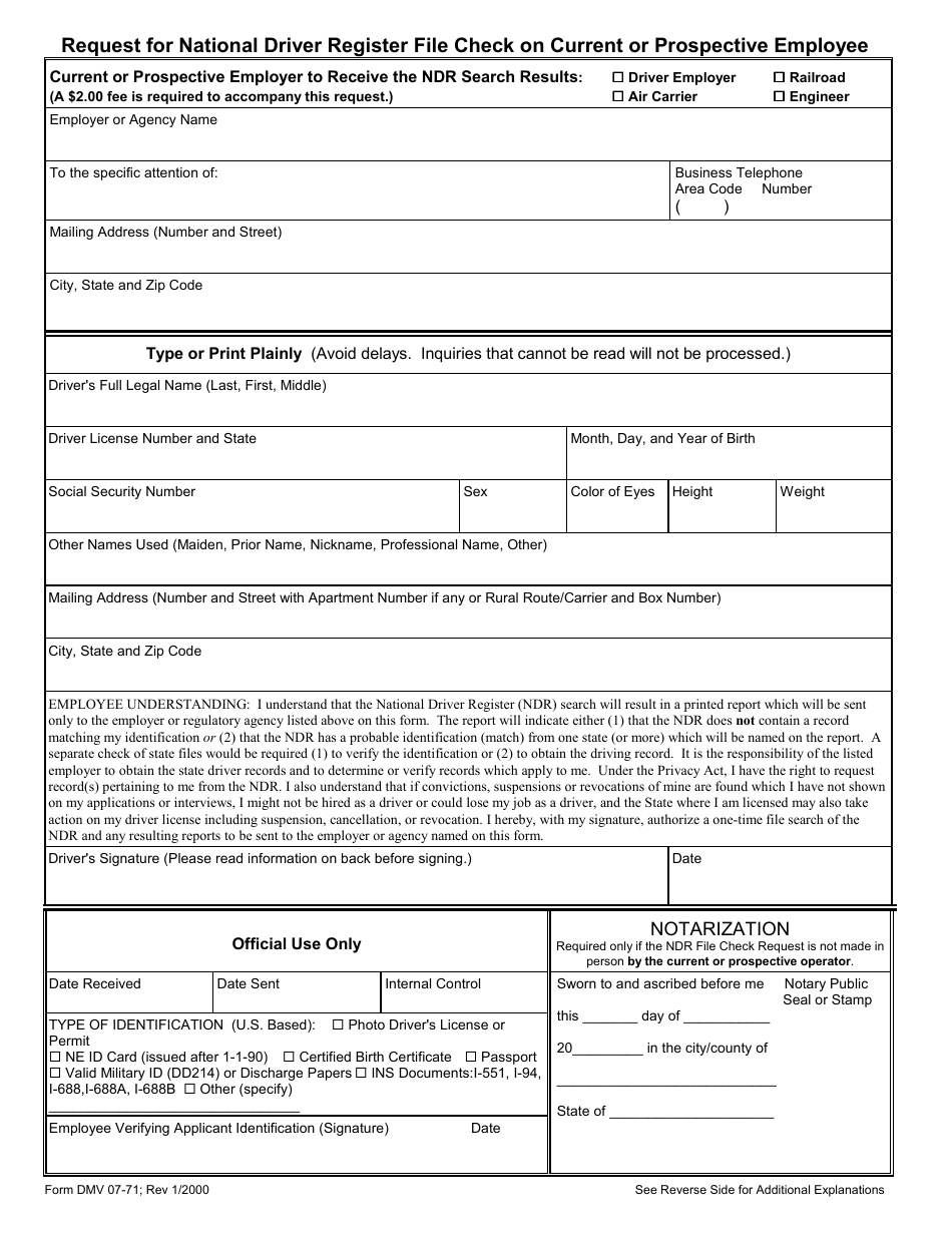 Form DMV07-71 Request for National Driver Register File Check on Current or Prospective Employee - Nebraska, Page 1