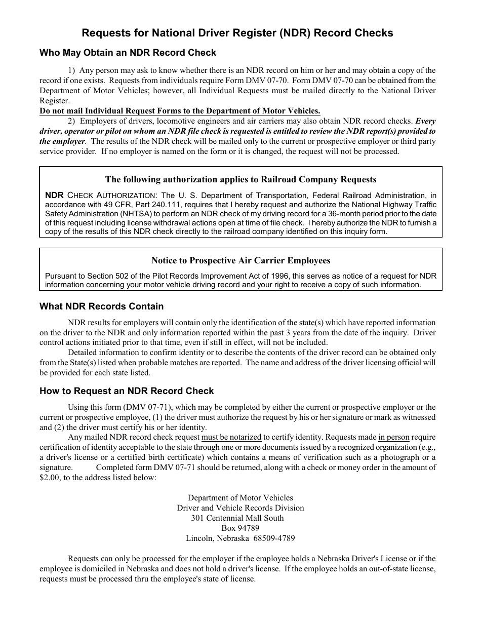 Form DMV07-71 Request for National Driver Register File Check on Current or Prospective Employee - Nebraska, Page 2