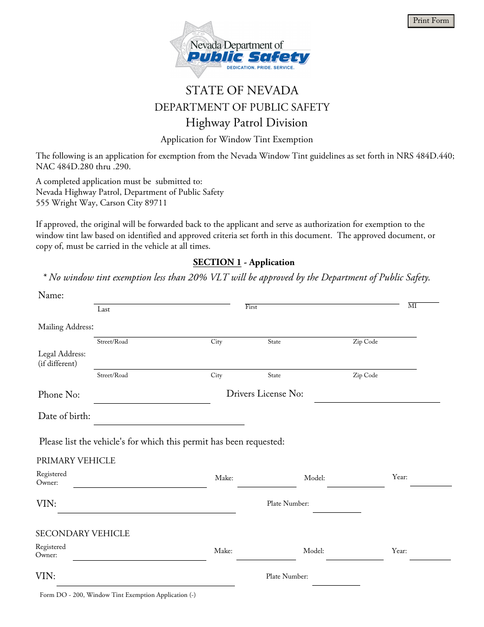 Form DO-200 Application for Window Tint Exemption - Nevada, Page 1