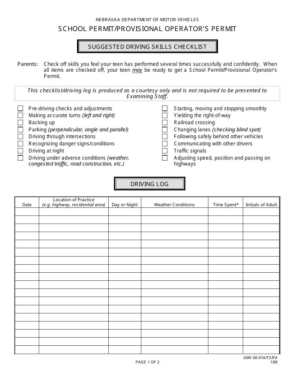Form DMV06-91A School Permit / Provisional Operators Permit - Nebraska, Page 1