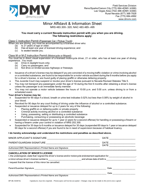 Form DP38 Minor Affidavit & Information Sheet - Nevada