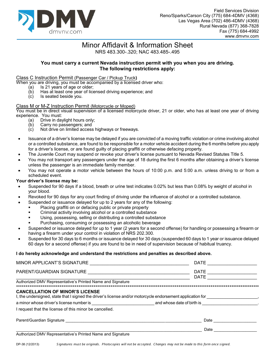 Form DP38 Minor Affidavit  Information Sheet - Nevada, Page 1