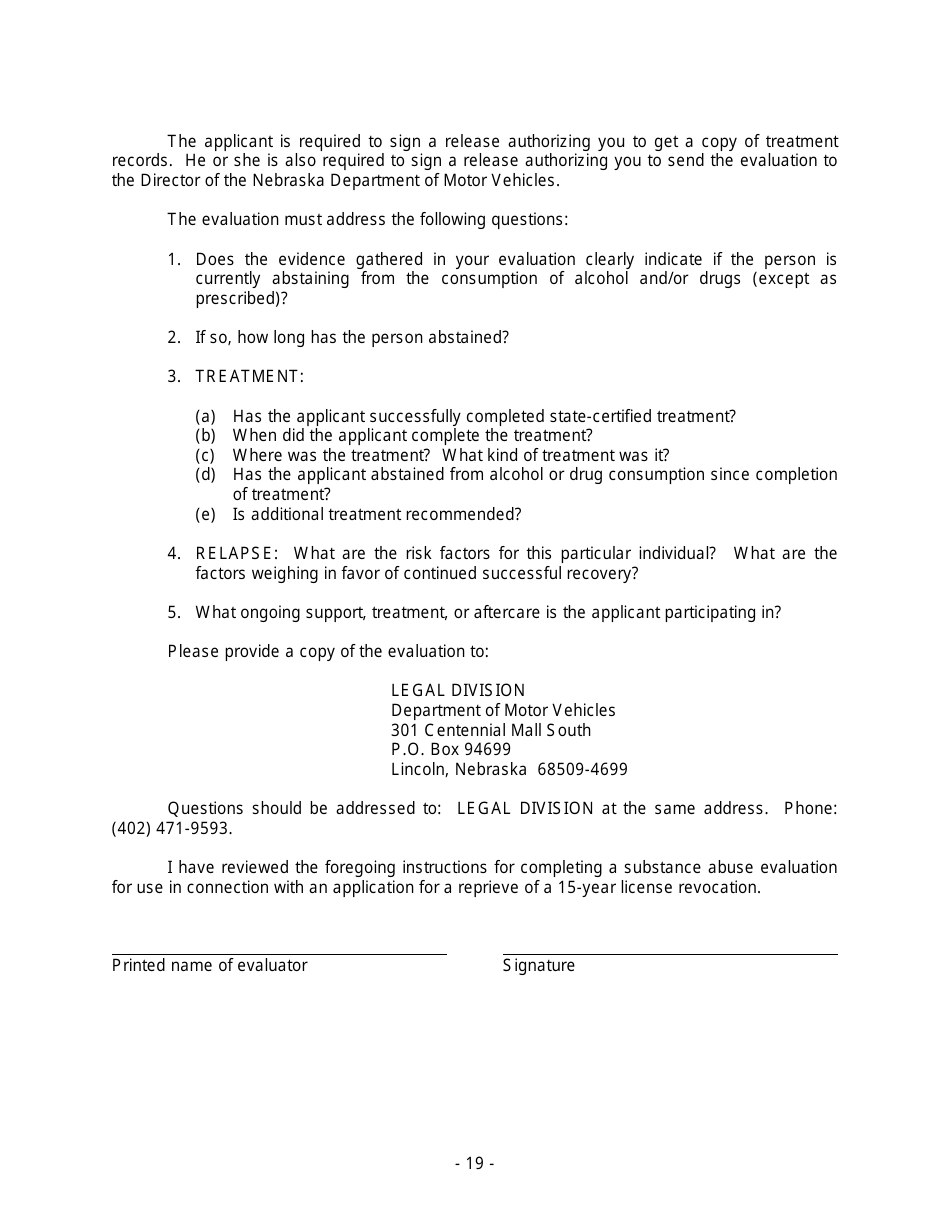 Application for Reprieve of Fifteen-Year License Revocation - Nebraska, Page 19