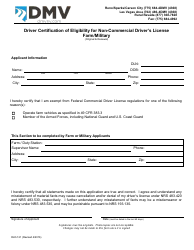 Document preview: Form DLD-121 Driver Certification of Eligibility for Non-commercial Driver's License - Farm/Military - Nevada