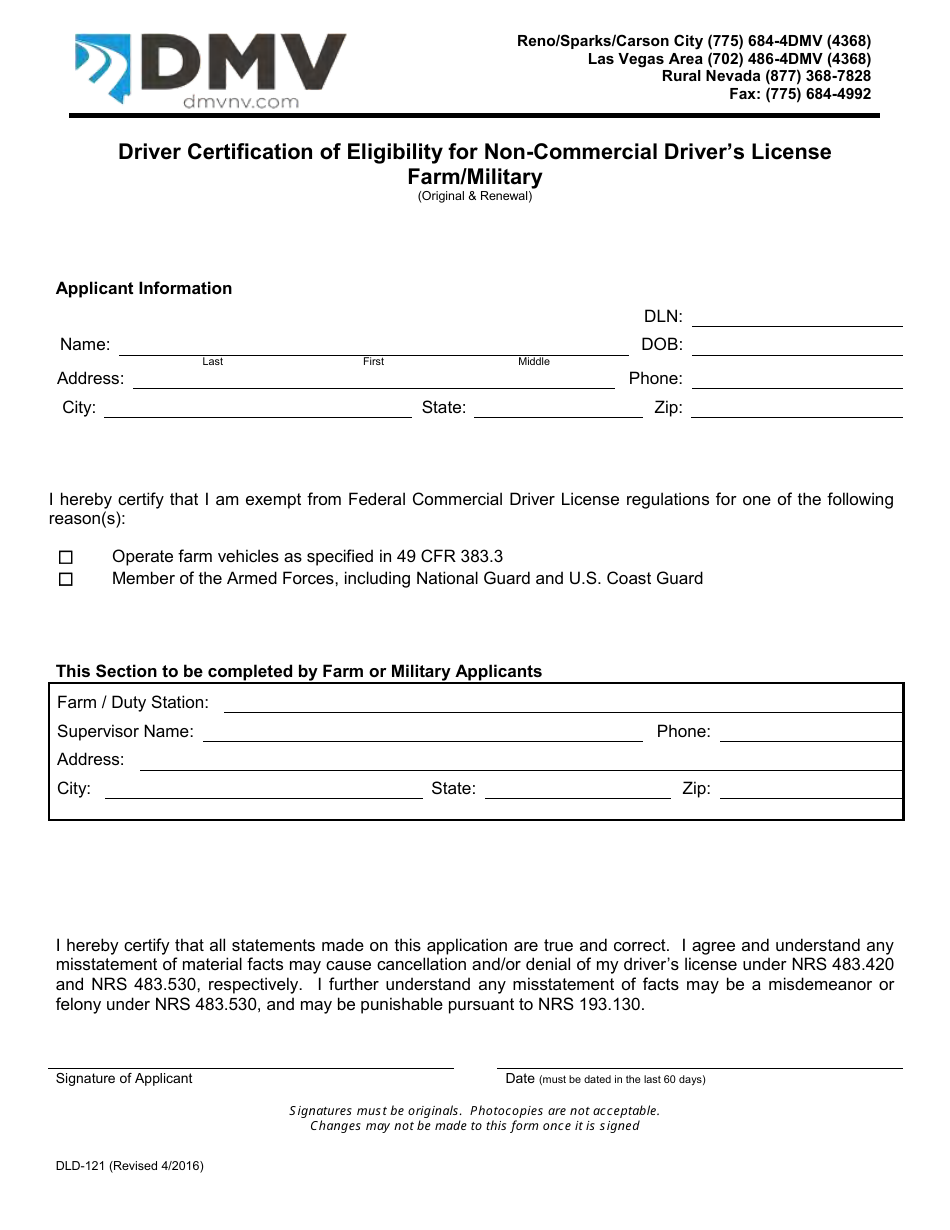 Form DLD-121 Driver Certification of Eligibility for Non-commercial Driver's License - Farm/Military - Nevada, Page 1