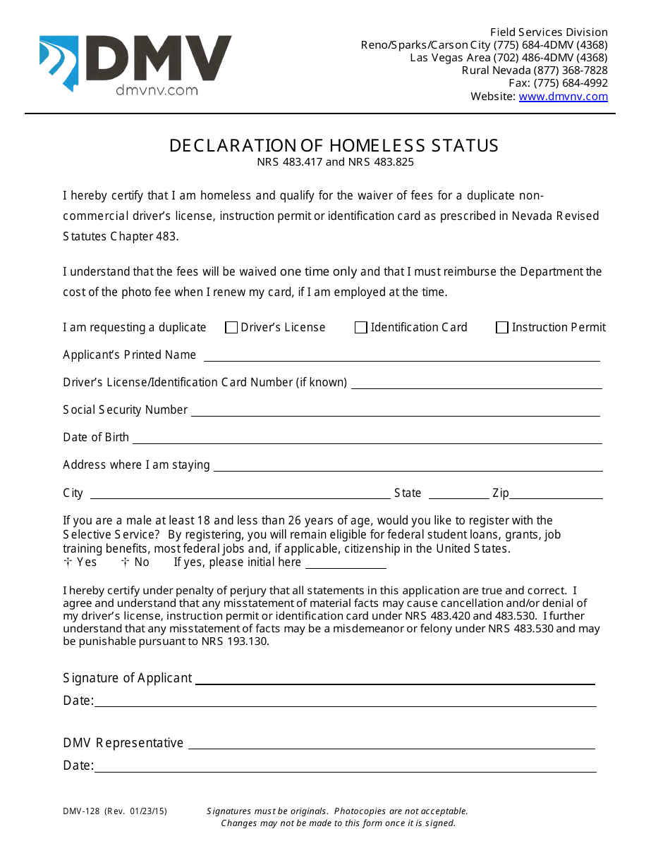 Form DMV-128 Declaration of Homeless Status - Nevada, Page 1