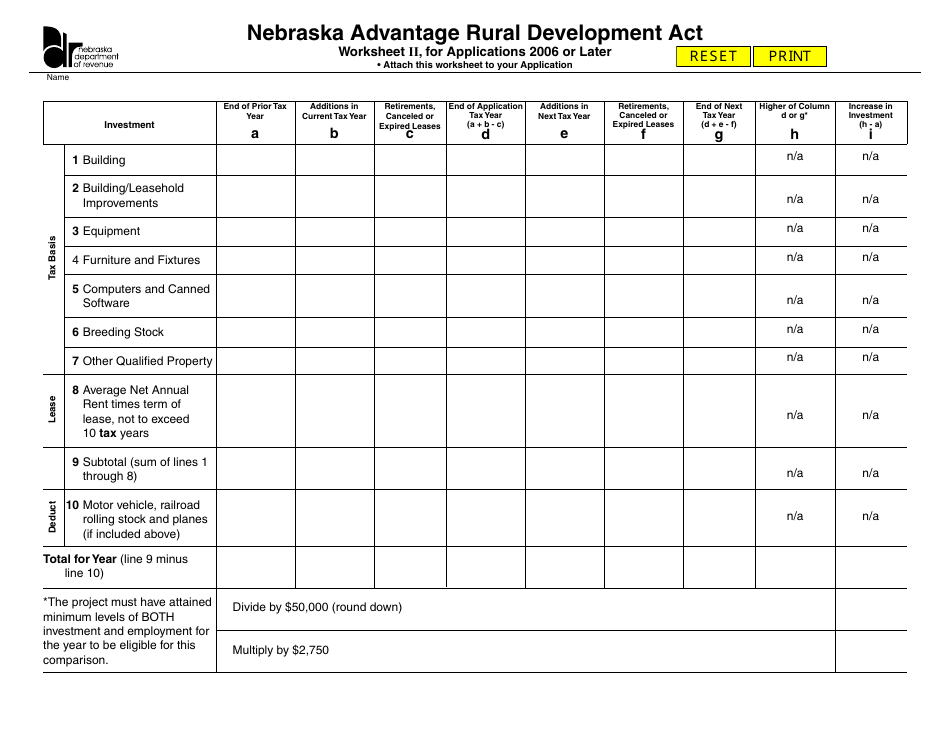 Worksheet II Nebraska Advantage Rural Development Act for Applications 2006 or Later - Nebraska, Page 1