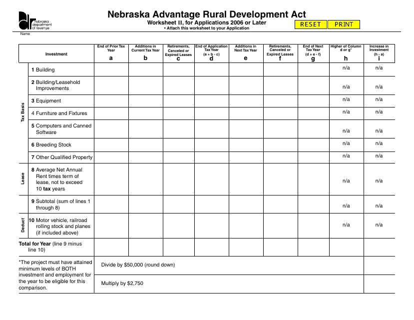 Worksheet II Nebraska Advantage Rural Development Act for Applications 2006 or Later - Nebraska