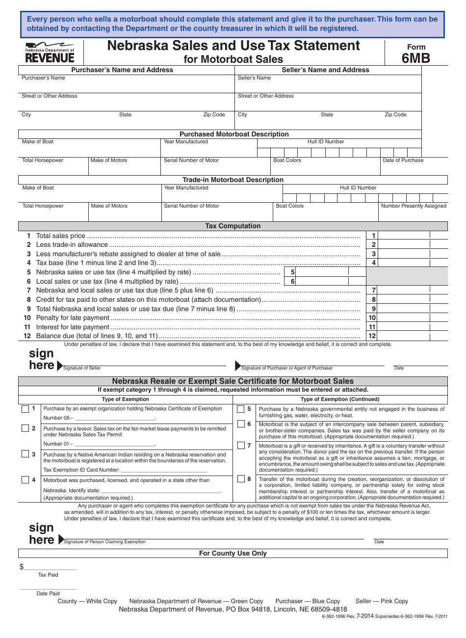 Form 6MB Nebraska Sales and Use Tax Statement for Motorboat Sales - Nebraska, Page 1