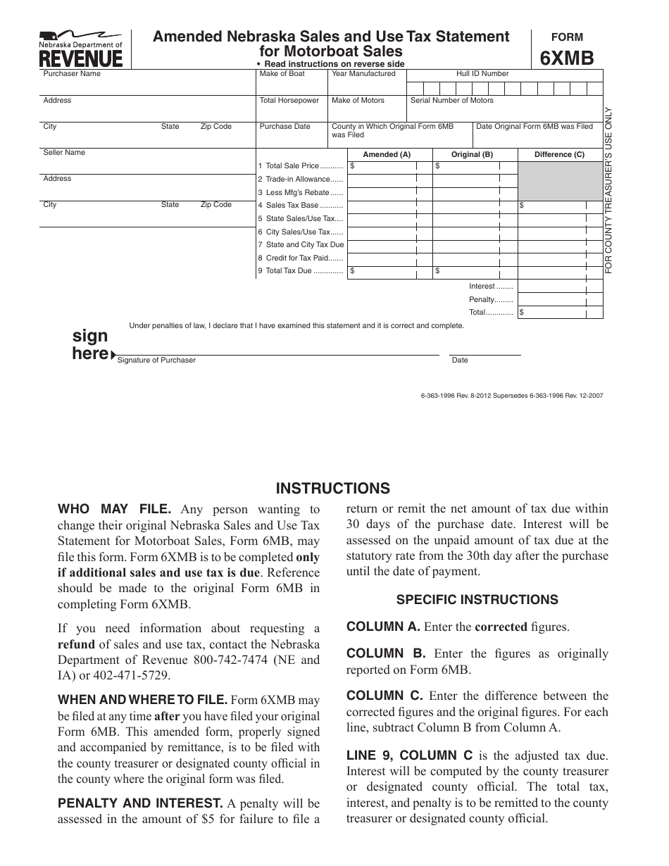 Form 6XMB Download Printable PDF or Fill Online Amended Nebraska Sales