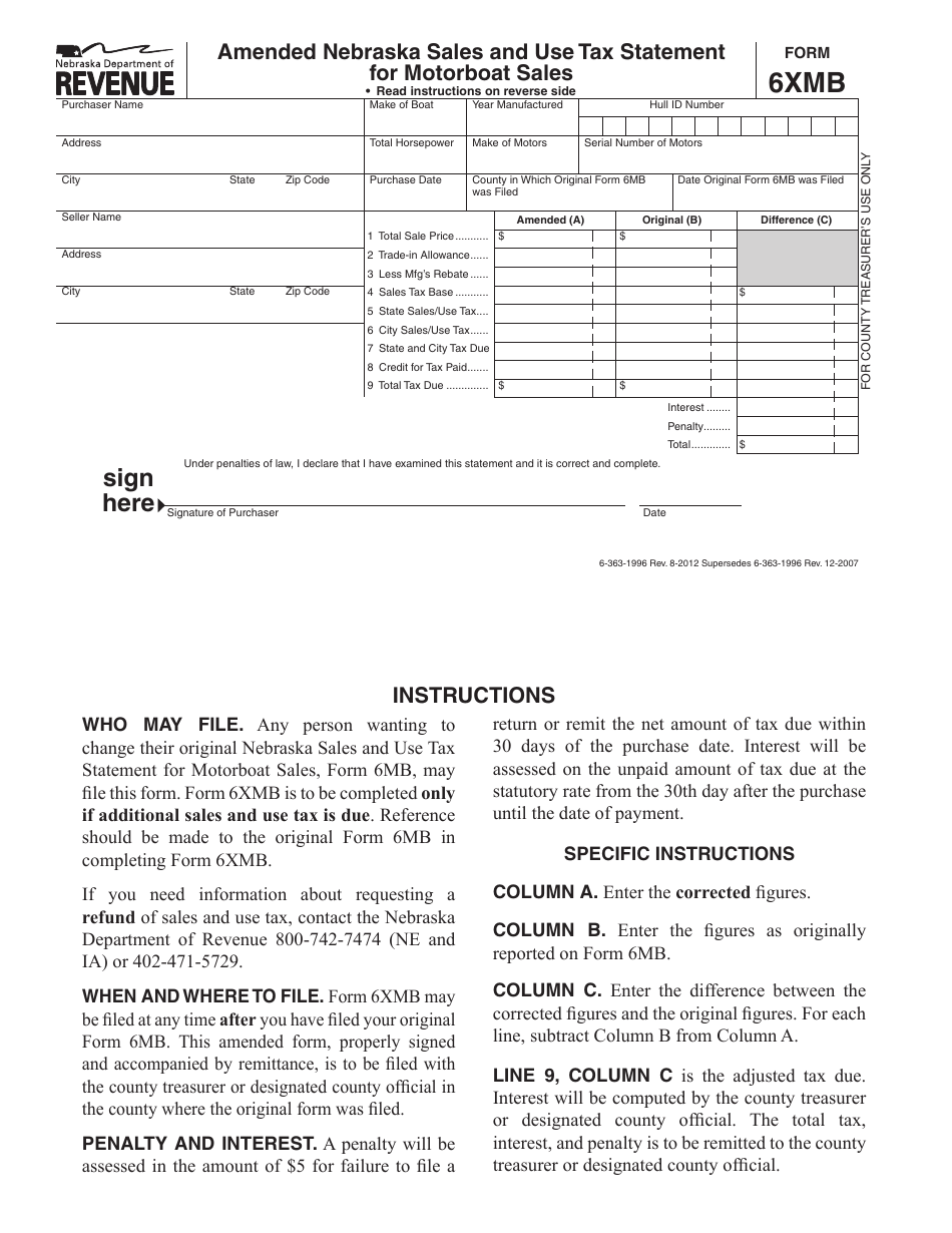 Form 6XMB Amended Nebraska Sales and Use Tax Statement for Motorboat Sales - Nebraska, Page 1