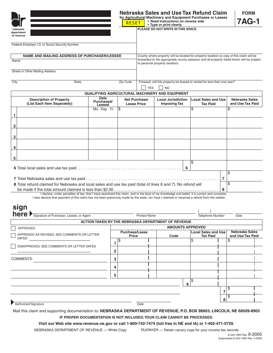 Form 7AG-1 Nebraska Sales and Use Tax Refund Claim for Agricultural Machinery and Equipment Purchases or Lease - Nebraska, Page 1