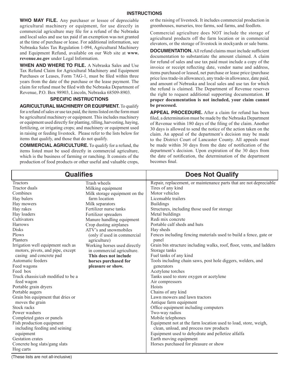 Form 7AG-1 Nebraska Sales and Use Tax Refund Claim for Agricultural Machinery and Equipment Purchases or Lease - Nebraska, Page 2