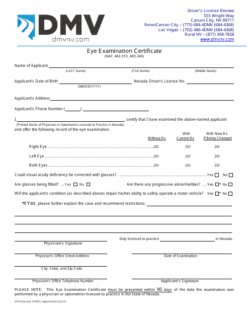 Form DP18 Eye Examination Certificate - Nevada