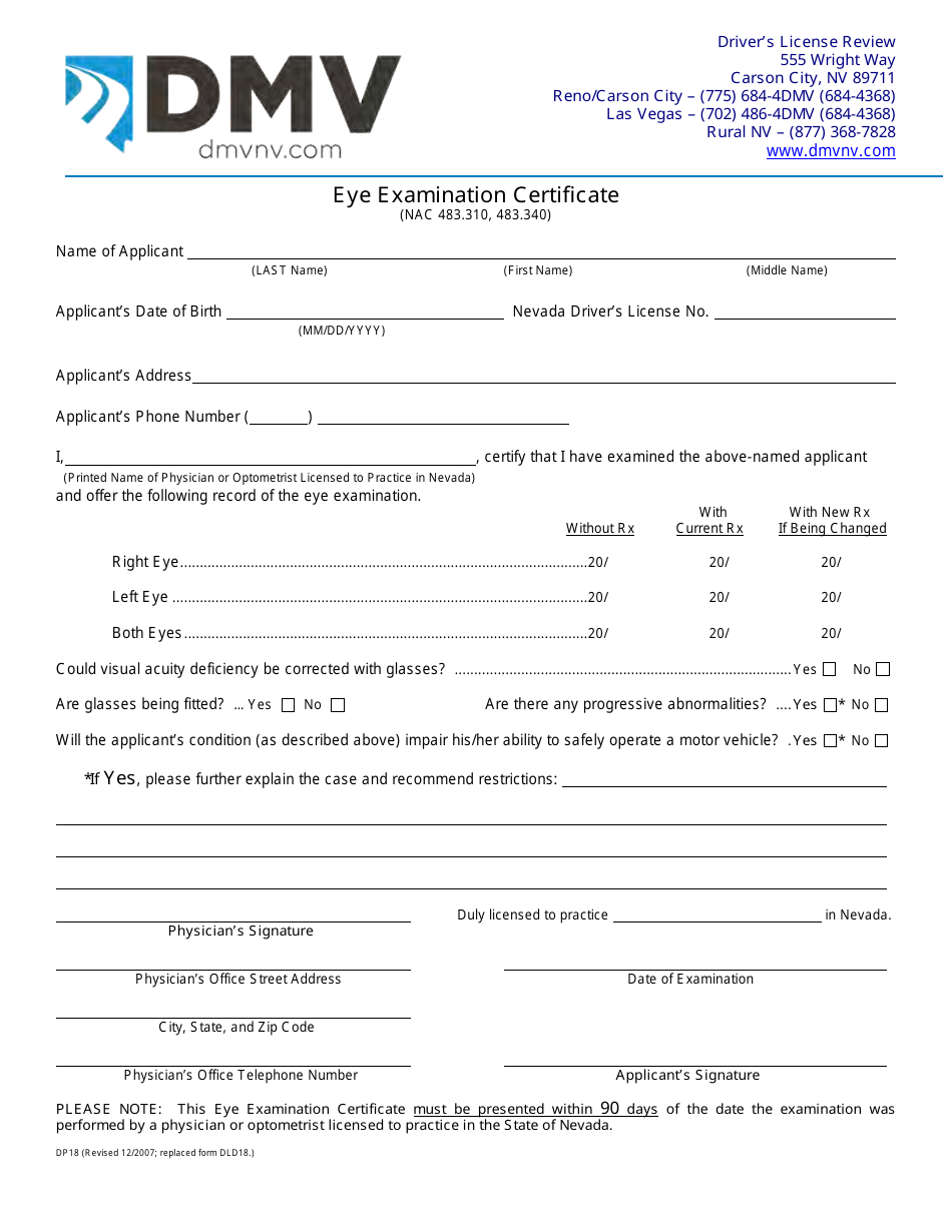 Form DP18 Eye Examination Certificate - Nevada, Page 1