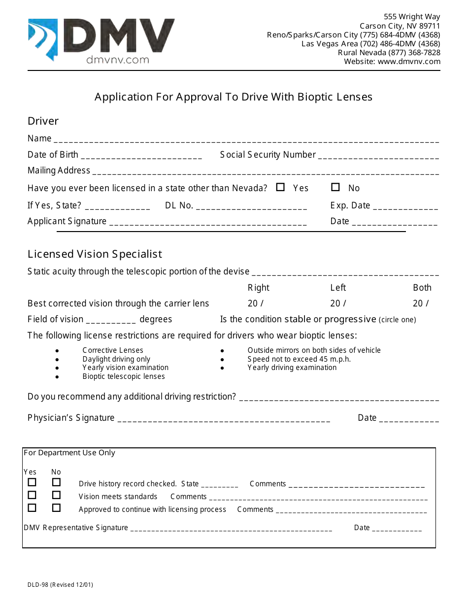 Form DLD-98 Application for Approval to Drive With Bioptic Lenses - Nevada, Page 1