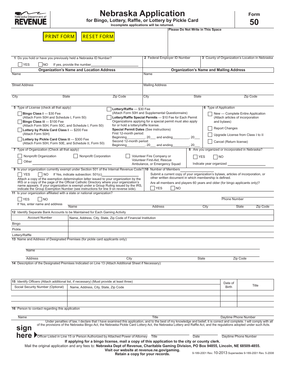 Form 50 Nebraska Application for Bingo, Lottery, Raffle, or Lottery by Pickle Card - Nebraska, Page 1