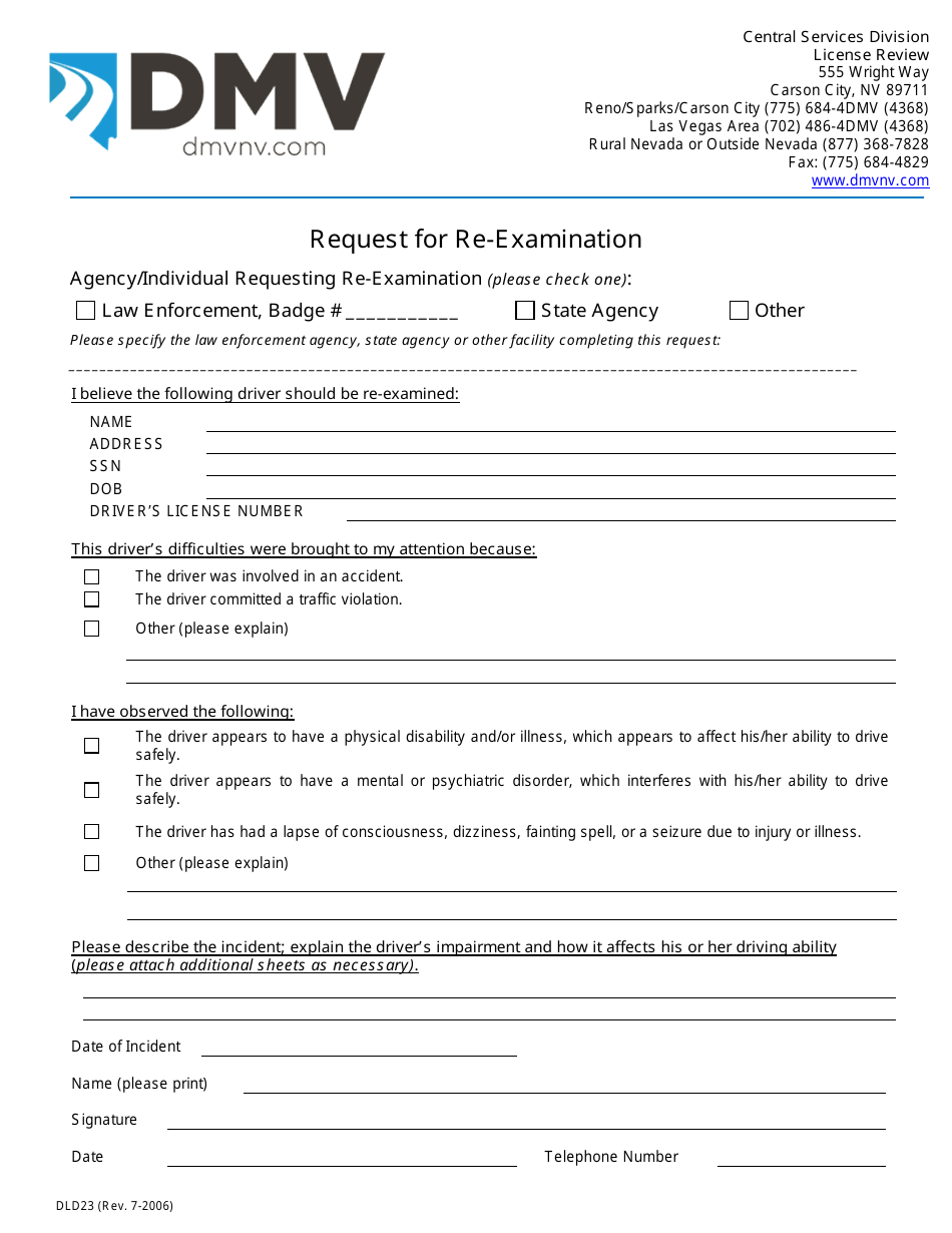 Form DLD23 Request for Re-examination - Nevada, Page 1