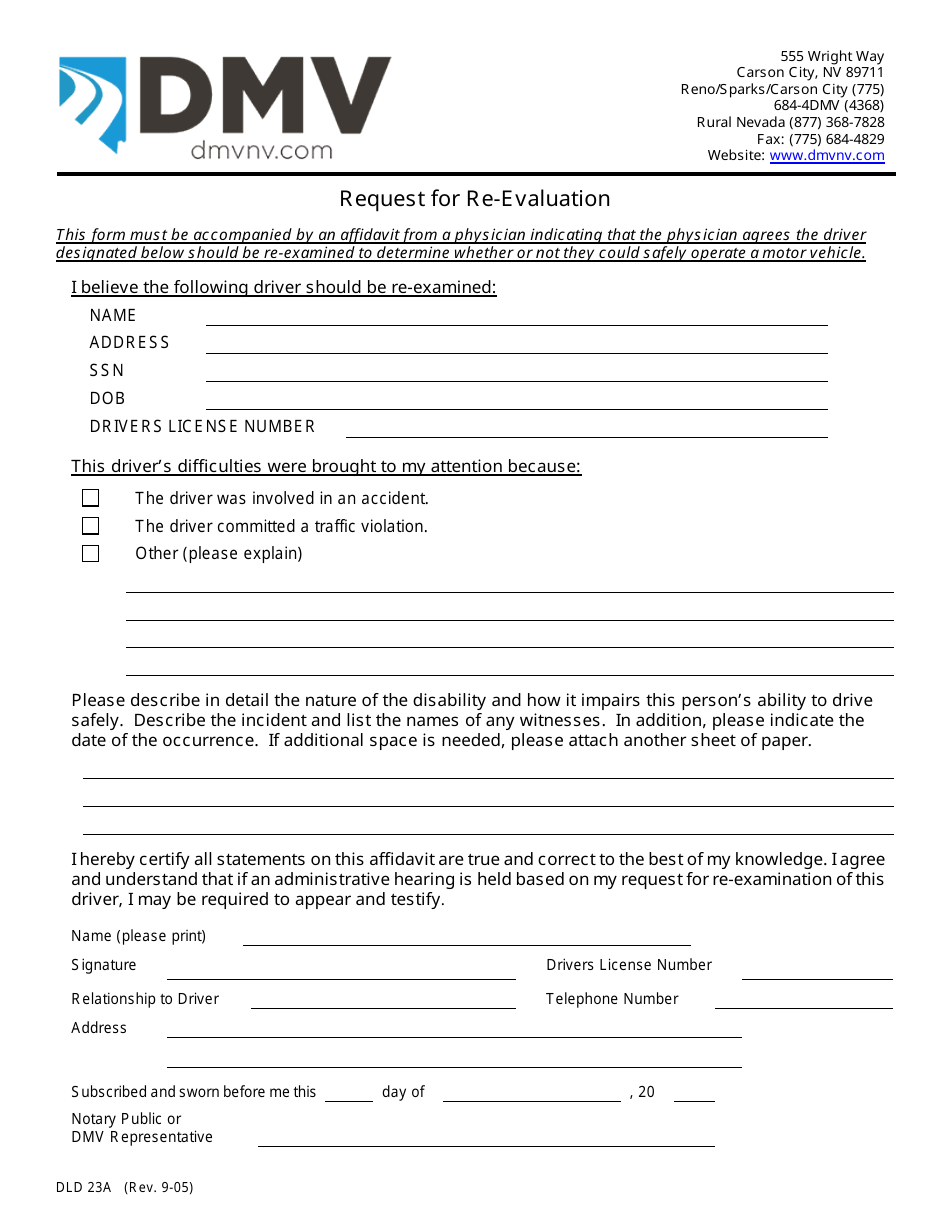 Form DLD23A Request for Re-evaluation - Nevada, Page 1