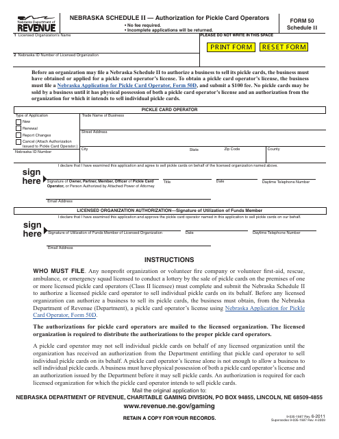 Form 50 Schedule II Authorization for Pickle Card Operators - Nebraska