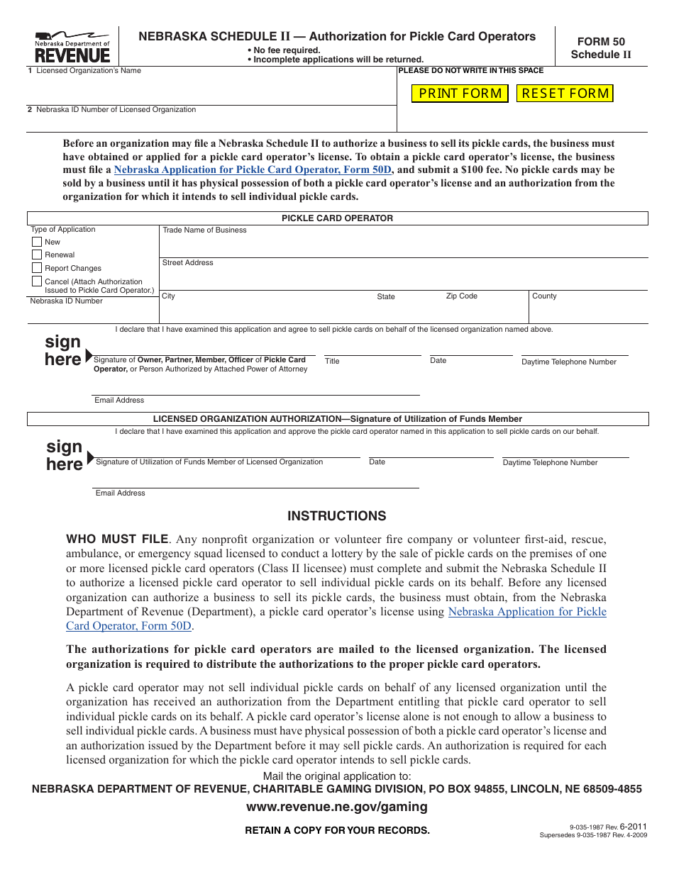 Form 50 Schedule II Authorization for Pickle Card Operators - Nebraska, Page 1