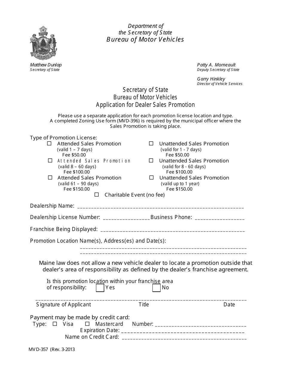 Form MVD-357 Application for Dealer Sales Promotion - Maine, Page 1