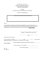 Document preview: Form MV-187 Zoning Use Regulatory Ordinance Clearance for Sales Promotion - Maine