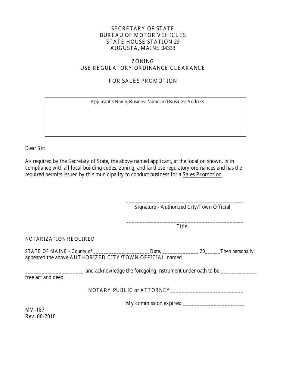 Form MV-187 Zoning Use Regulatory Ordinance Clearance for Sales Promotion - Maine, Page 1