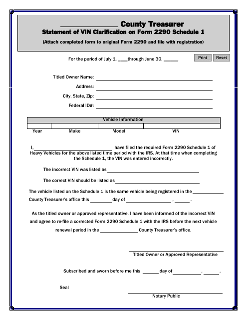 Statement of Vin Clarification on Form 2290 Schedule 1 - Nebraska Download Pdf