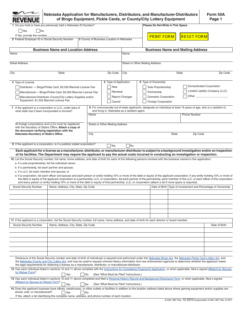 Form 50A Nebraska Application for Manufacturers, Distributors, and Manufacturer-Distributors of Bingo Equipment, Pickle Cards, or County / City Lottery Equipment - Nebraska, Page 1