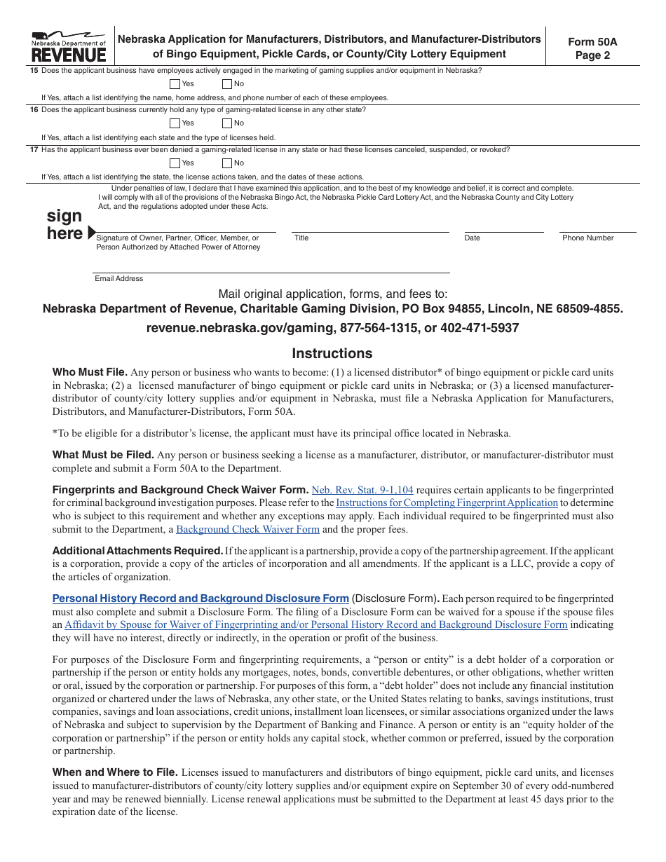 Form 50A Nebraska Application for Manufacturers, Distributors, and Manufacturer-Distributors of Bingo Equipment, Pickle Cards, or County / City Lottery Equipment - Nebraska, Page 2