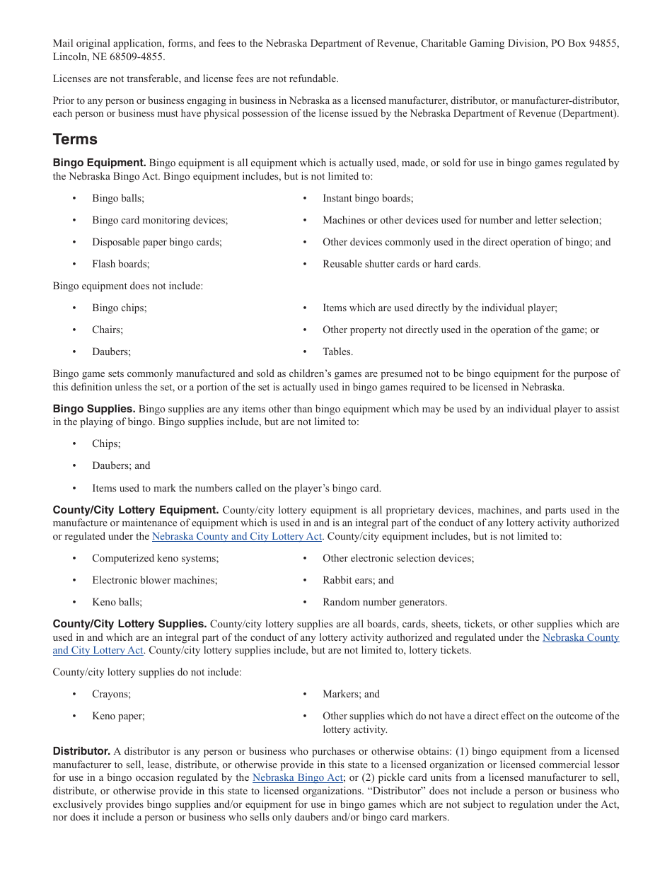 Form 50A Nebraska Application for Manufacturers, Distributors, and Manufacturer-Distributors of Bingo Equipment, Pickle Cards, or County / City Lottery Equipment - Nebraska, Page 3